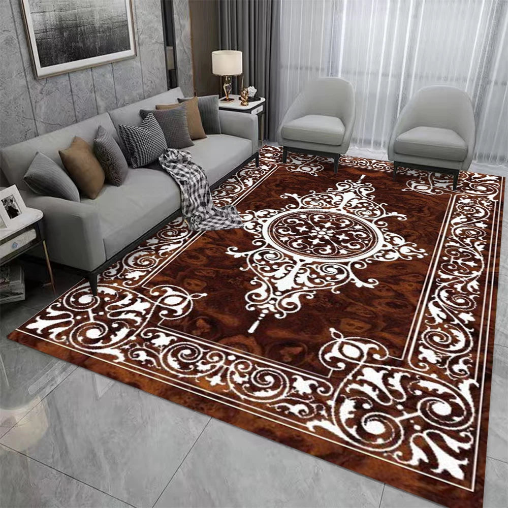 tapis salon chambre marron blanc motif floral classique élégant décoration maison intérieur moderne rectangulaire
