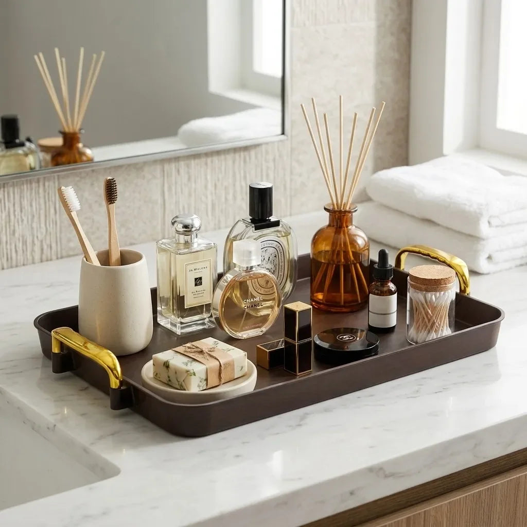 plateau rangement marron bois naturel poignées dorées boîte bijoux pots cosmétiques bouteilles lotions savon