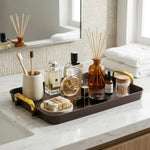 plateau rangement marron bois naturel poignées dorées boîte bijoux pots cosmétiques bouteilles lotions savon
