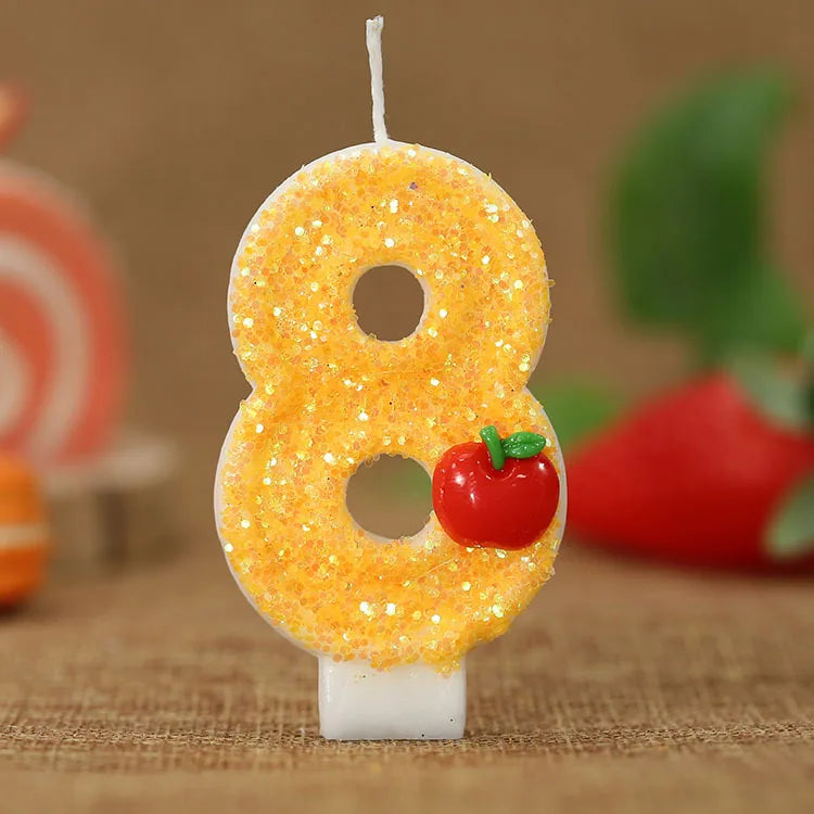bougies numeriques jaune paillette pomme rouge anniversaire decoratif thème feuille verte paillettes dorées tringle
