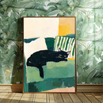 tableau moderne chat dormant toile peinte noir blanc vert beige opaque sans cadre
