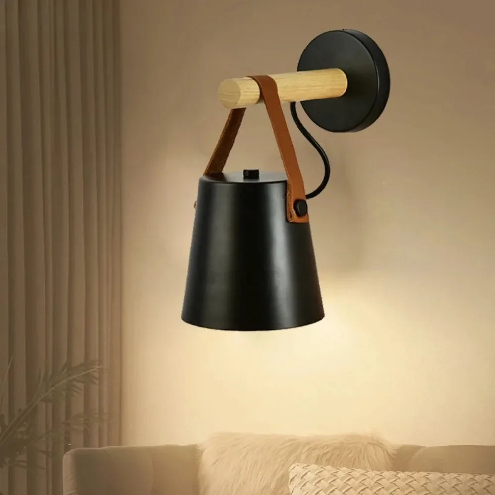 lampe murale moderne minimaliste bois blanc conique abatjour simili cuir noir suspension chambre salon