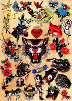 sticker autocollant tatouage vintage motifs traditionnels fleurs animaux symboles rouge noir beige blanc bleu