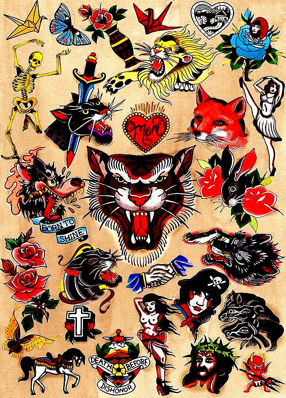 sticker autocollant tatouage vintage motifs traditionnels fleurs animaux symboles rouge noir beige blanc bleu