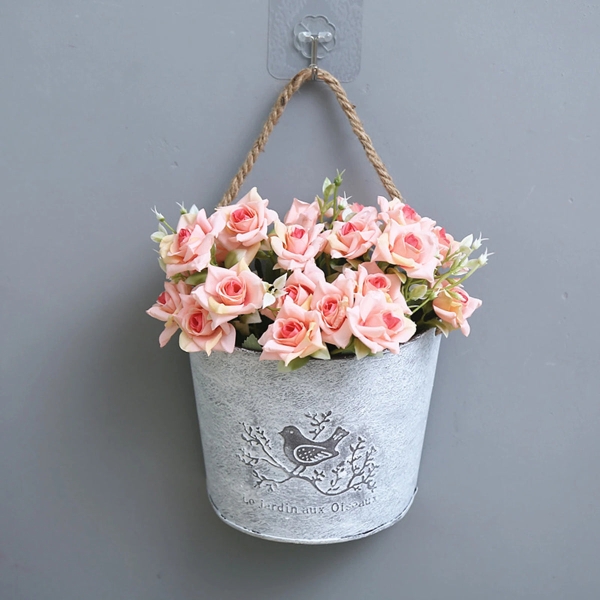 pots fleurs suspendus oiseau gravure gris métallisé vintage rustique corde naturelleintérieurextérieur