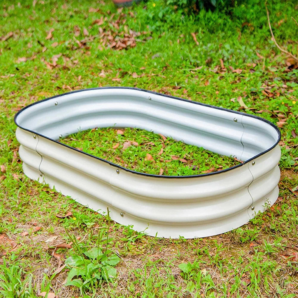 bassin ovale moderne acier galvanisé beige clair noir lisse robusteextérieur jardin fleurs plante métal