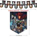 bannières festives dessins animés gobelets pailles assiettes multicolores personnages opaques anniversaire clips