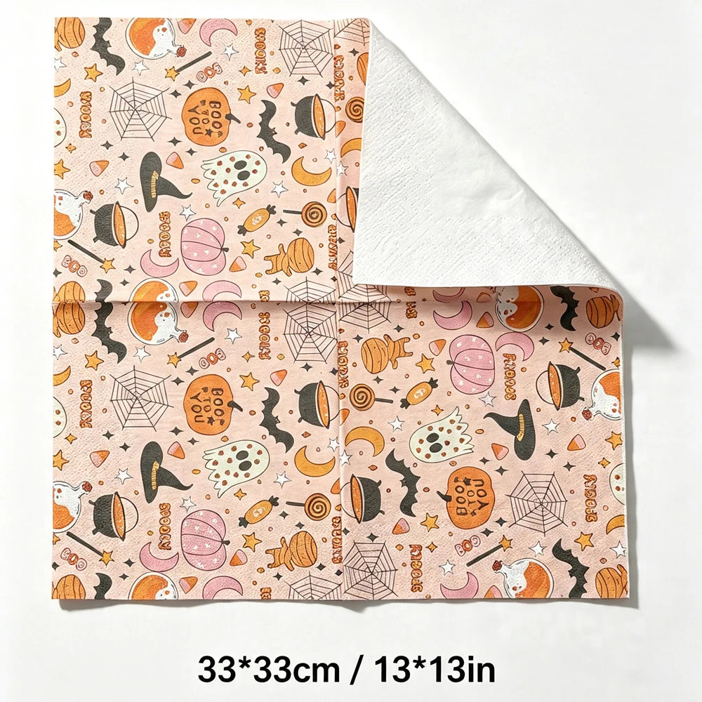 serviettes papier halloween fantômes citrouilles araignées rose clair orange noire festives table 33cm pack