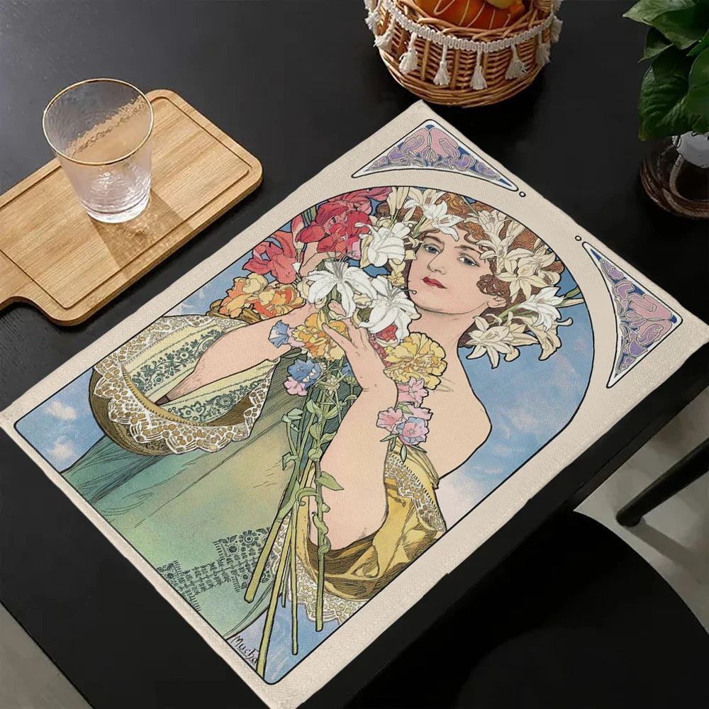 Napperon de table Alphonse Mucha en lin couleur rose décorant une salle à manger