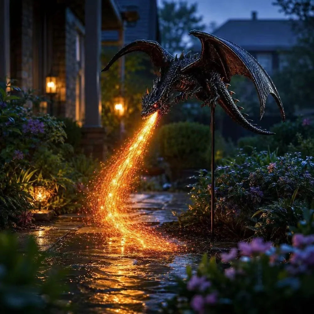 lampe solaire résine dragon noir relief brillant fantaisie moderne tringle jardin halloween