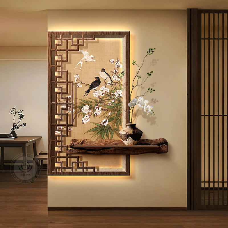 tableau mural oriental floral oiseaux géométrique bois opaque beige noir vert blanc