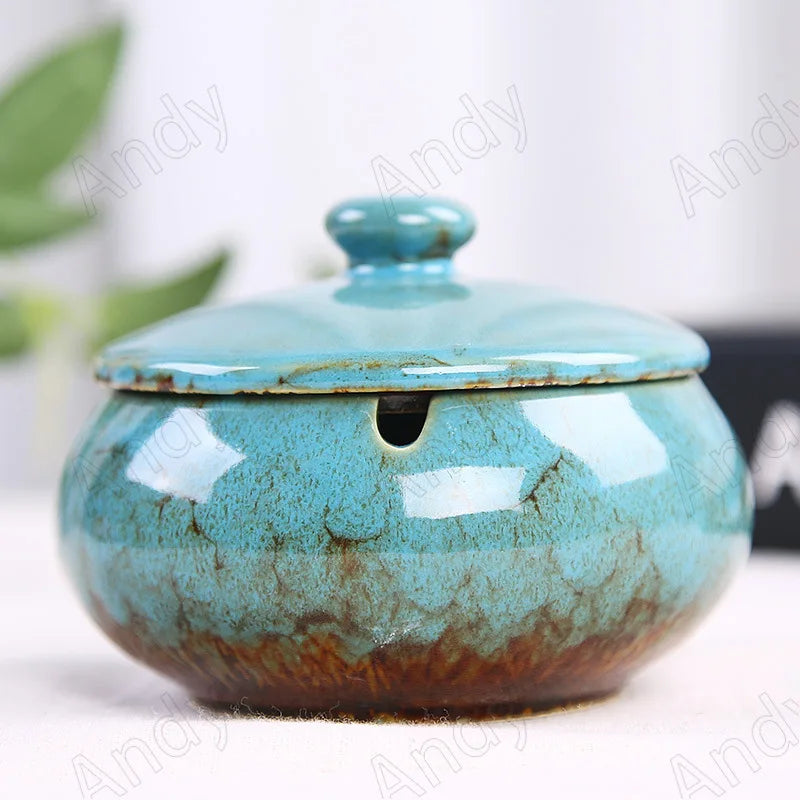 cendrier céramique moderne portable vert bleu noir texture tissée brillance couvercle poignées