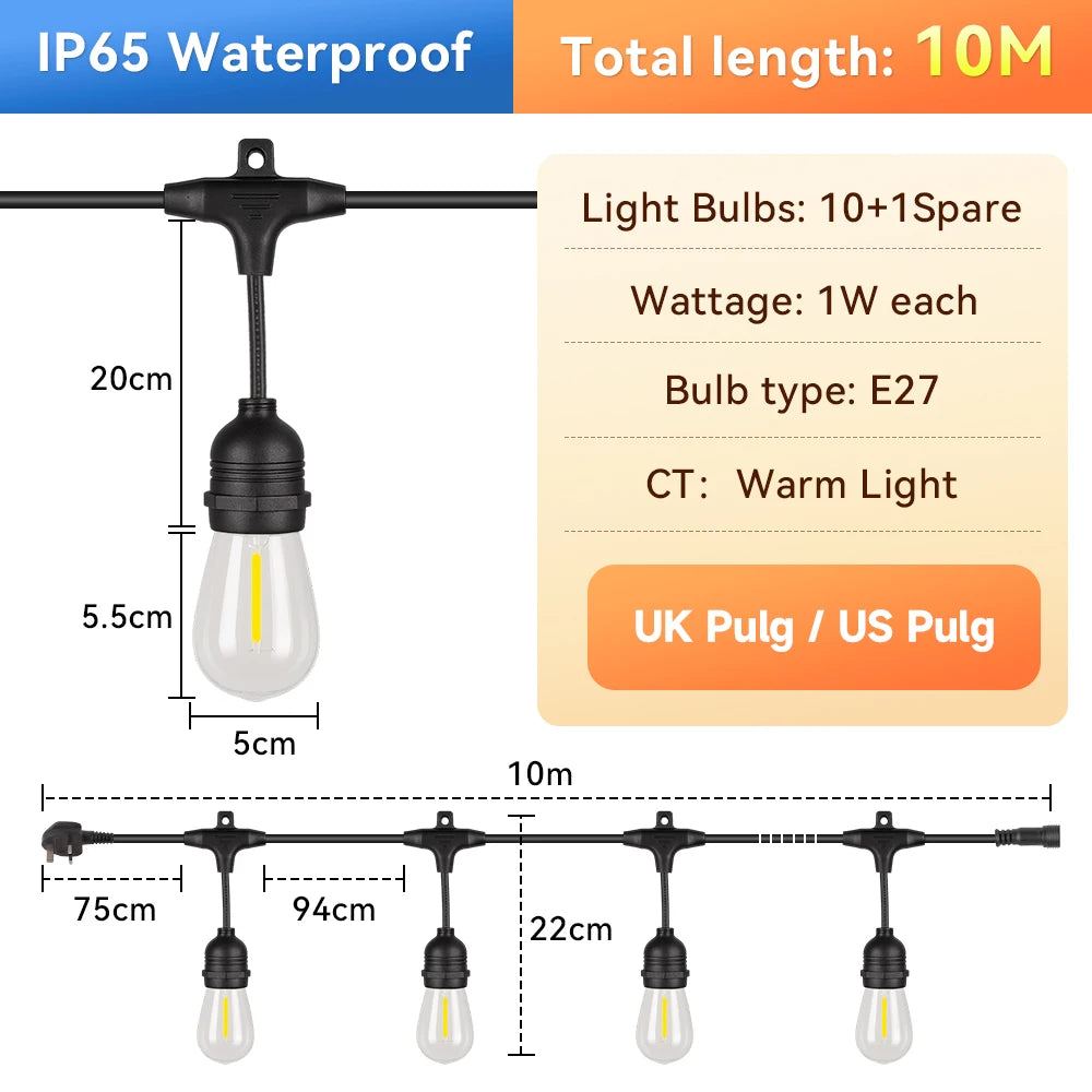 guirlande lumineuse led 30m 20m 15m ampoules vintage noir clips éclairage extérieur jardin blanc
