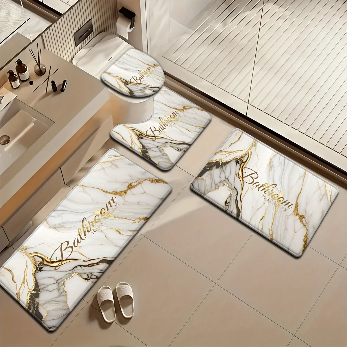 tapis salle bain imitation marbre doré moderne couvercle siège toilette or blanc luxueux