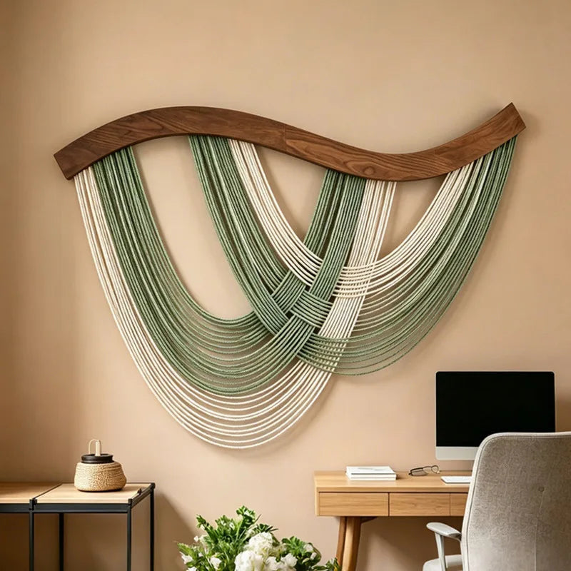tapisserie murale macramé coton spirales bois moderne abstract salon chambre decoration mur