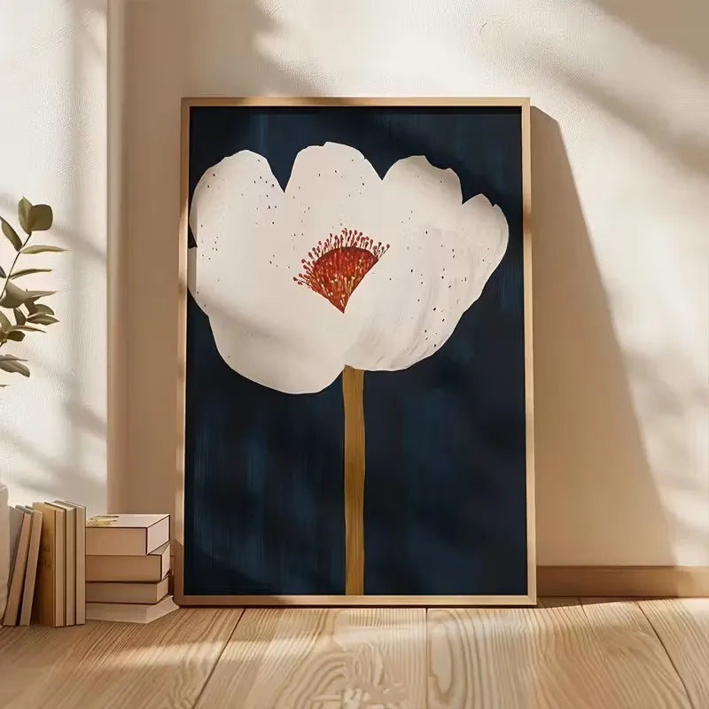 tableau moderne toile fleur stylisée blanc rouge bleu foncé doré sans cadre 50x40cm 60x40cm