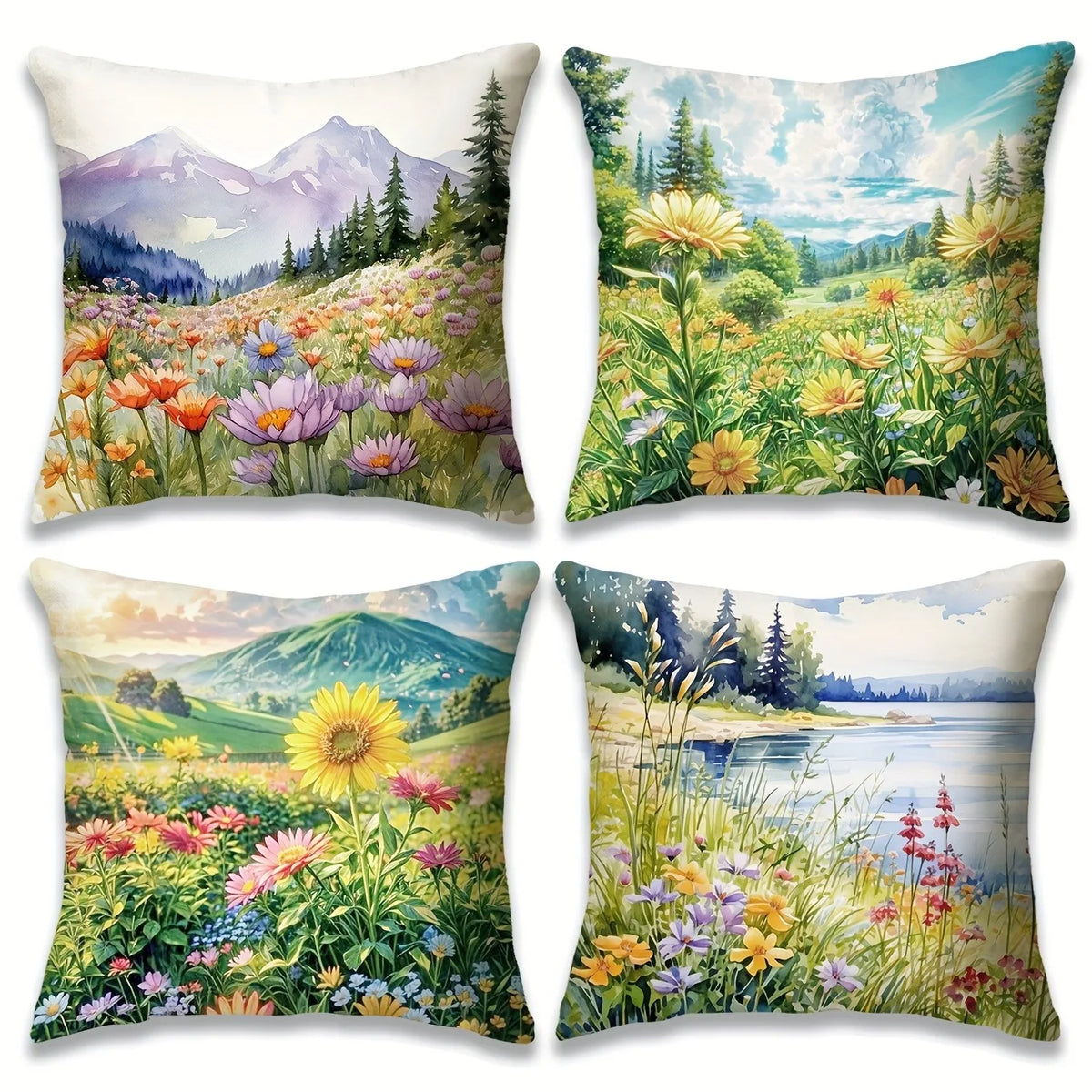 housse coussin polyester multicolore motif floral fleurs montagnes décoration maison chambre salon