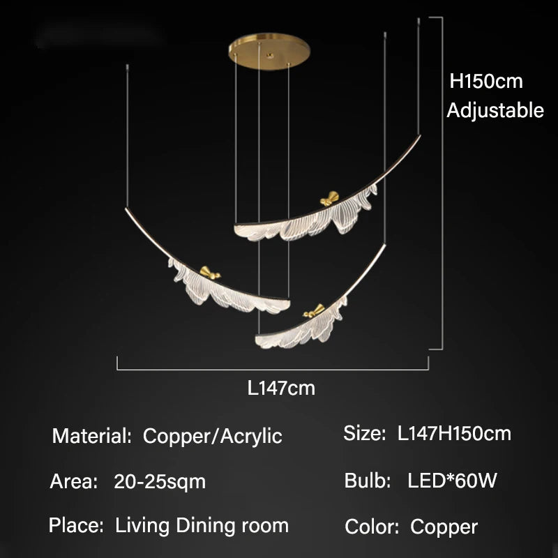 Suspension lumineuse contemporaine oiseau stylisé noir blanc doré plumes transparentes chambre salon