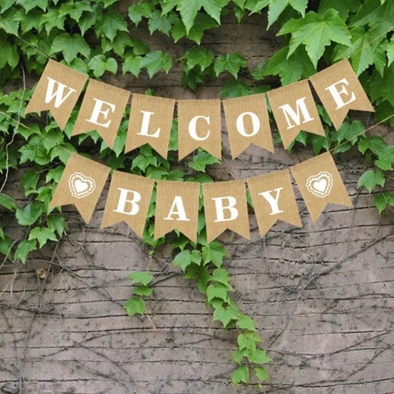 guirlande fanions bienvenue baby toile jute coeurs rustique décoration anniversaire enfant révélation sexe