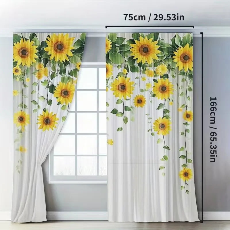 rideaux imprimés moderne tournesol blanc jaune vert transparent anneaux métalliques polyester