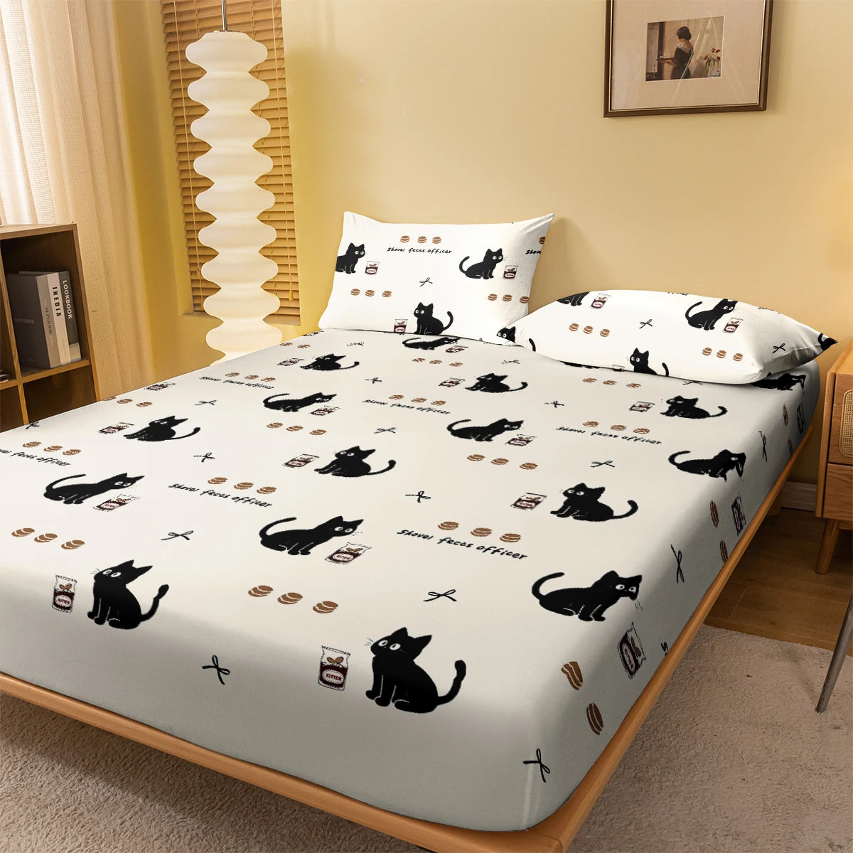 drap housse polyester motif chat noir moderne imprimé shovel faces officer blanc lit chambre