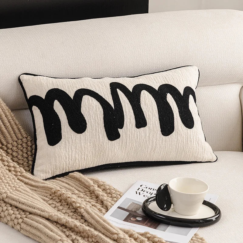 housse coussin polyester géométrique jacquard noir blanc moderne salon décoration