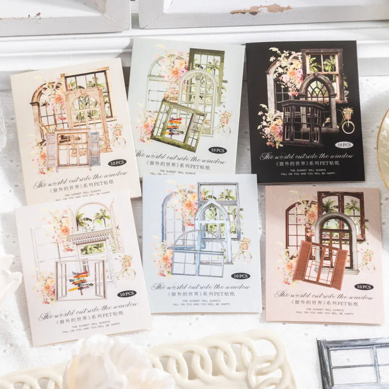 stickers fenêtres décoratives vintage motifs floraux blanc gris marron bleu vert romantiques opaques pack