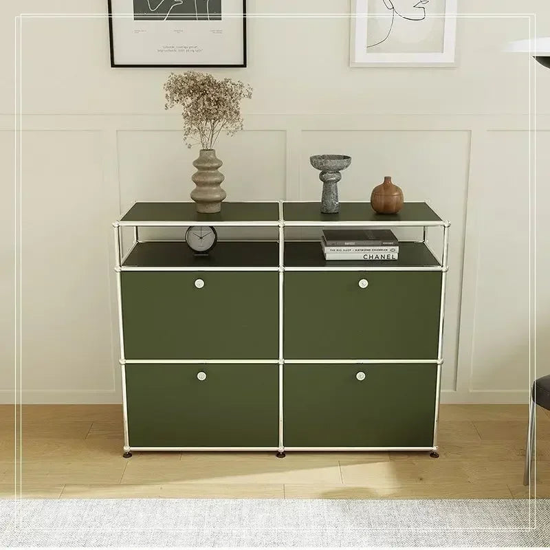 meuble tiroirs armoire salon vert olive moderne pieds ronds tiroirs bois métal