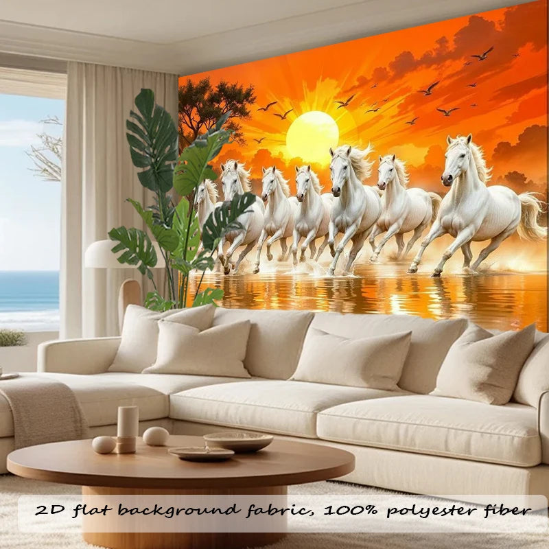 tapisserie murale chevaux blancs coucher soleil plage art impressionniste oiseaux volants arbre dimension