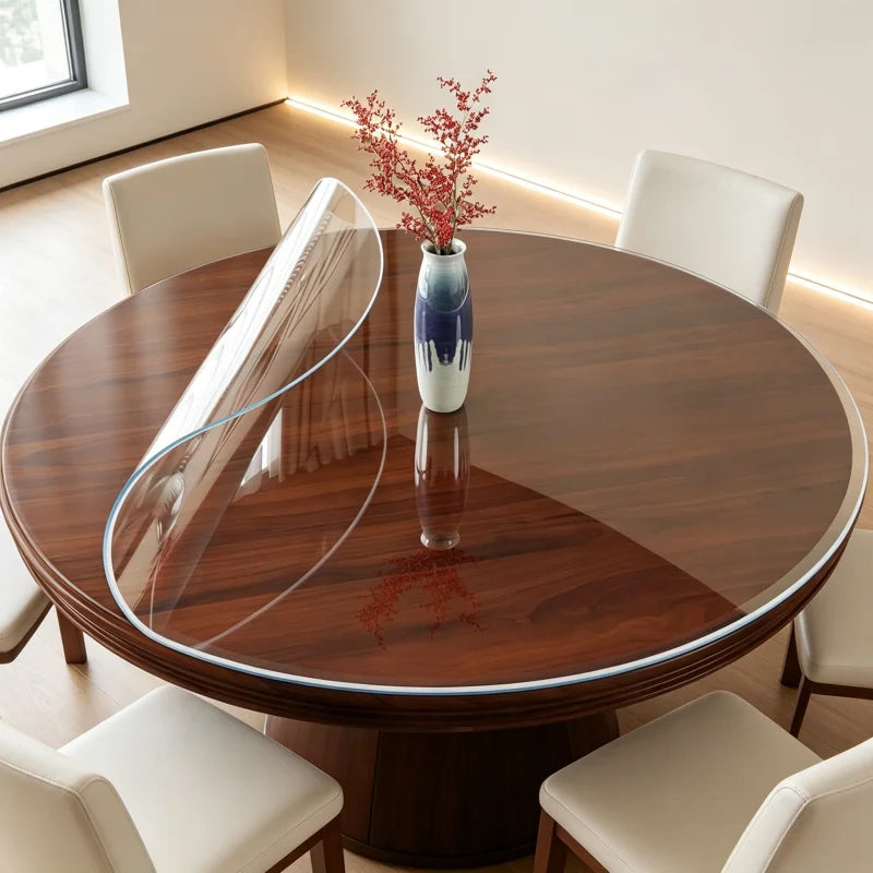 protège table ronde transparent bord bleu imitation marbre moderne durable pvc 140cm 150cm