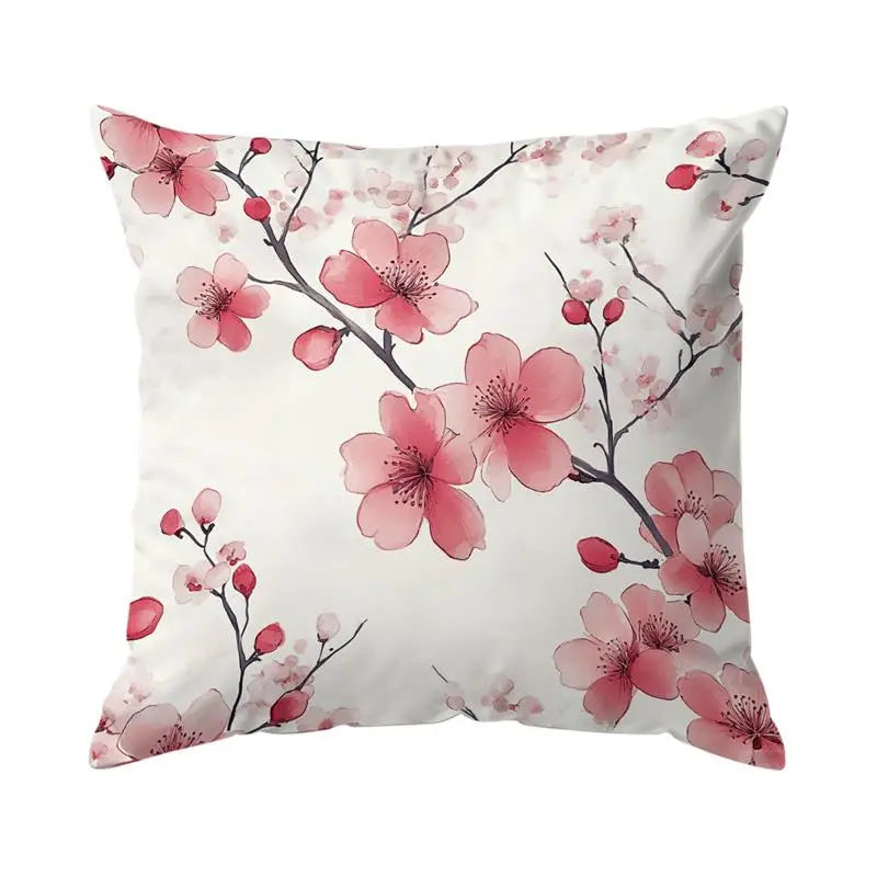 housse coussin polyester imprimé fleurs rose branches moderne blanc chambre lit set 4pcs
