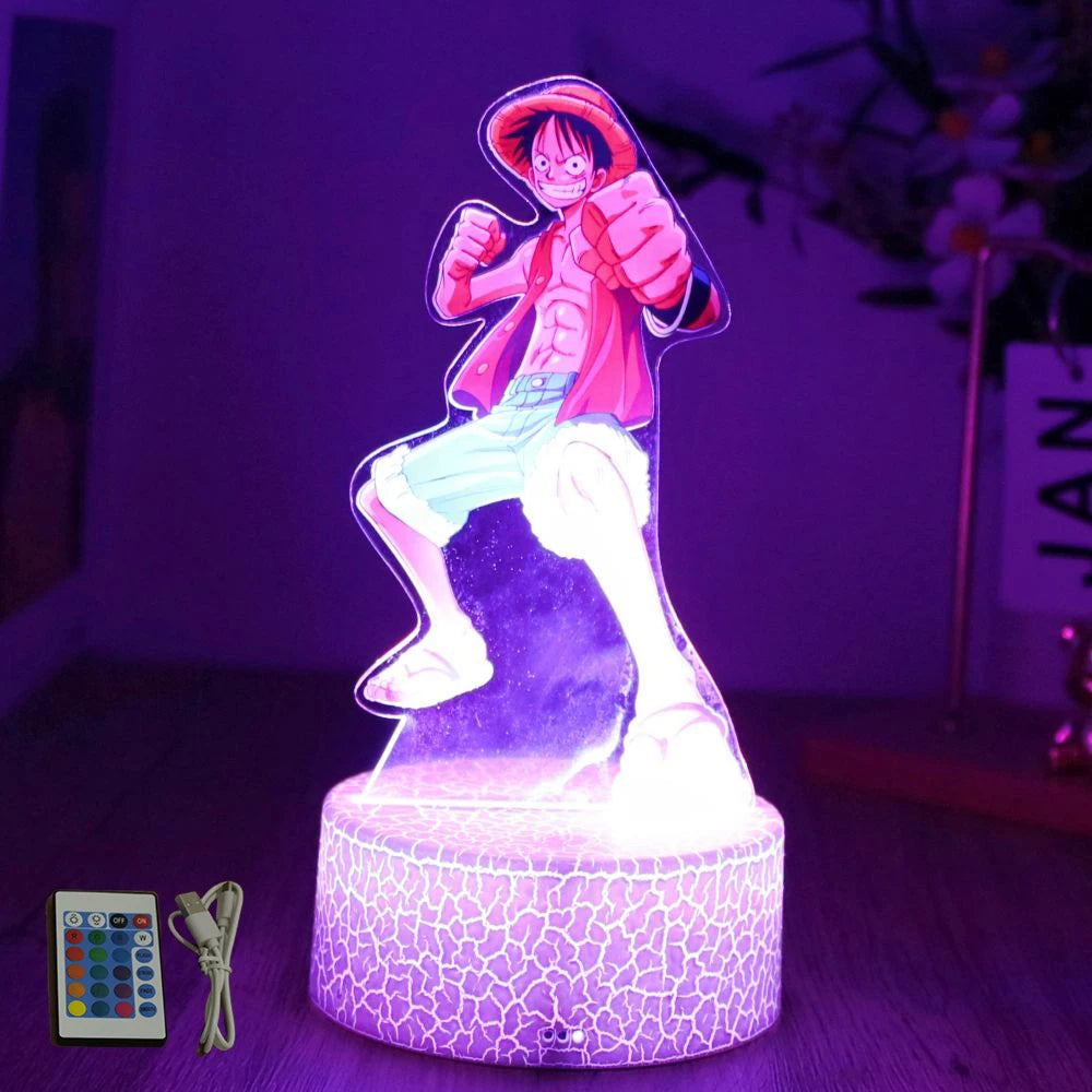 lampe led 3d anime luffy zorro cracked surface télécommande câble usb nocturne rouge vert