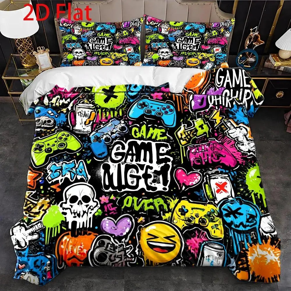 housse couette motif graffiti gamer noir vert jaune rose orange
