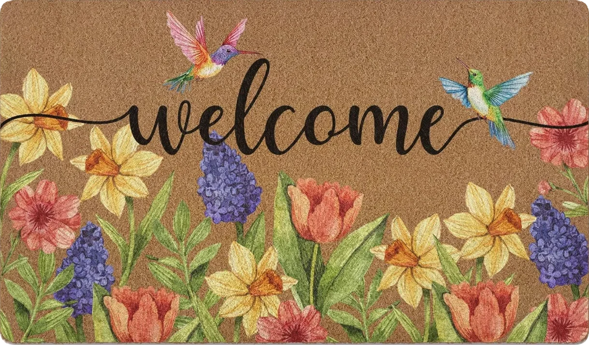 tapis d'entrée marron clair fleurs colorées résistant rides extérieur salon 50x80cm 40x60cm 30x50cm naturel