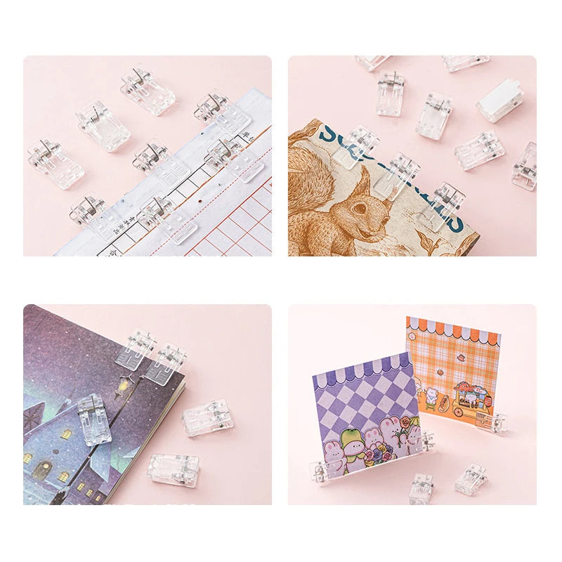 clips plastique transparent rose adhésifs muraux suspendus boîte compartiments protracteur règle feuilles