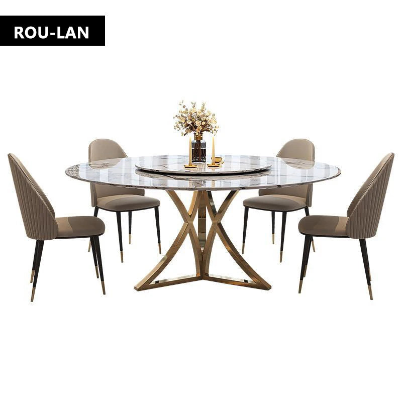 table ronde moderne marbre imitation blanc chaises gris clair pieds dorés textures luxueuses salles