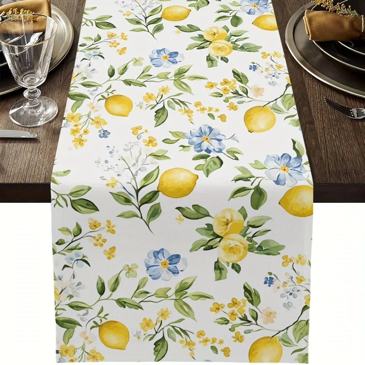 chinois table lin motif floral citrons fleurs feuilles blanc jaune vert bleu decorative rustic