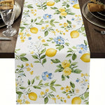 chinois table lin motif floral citrons fleurs feuilles blanc jaune vert bleu decorative rustic