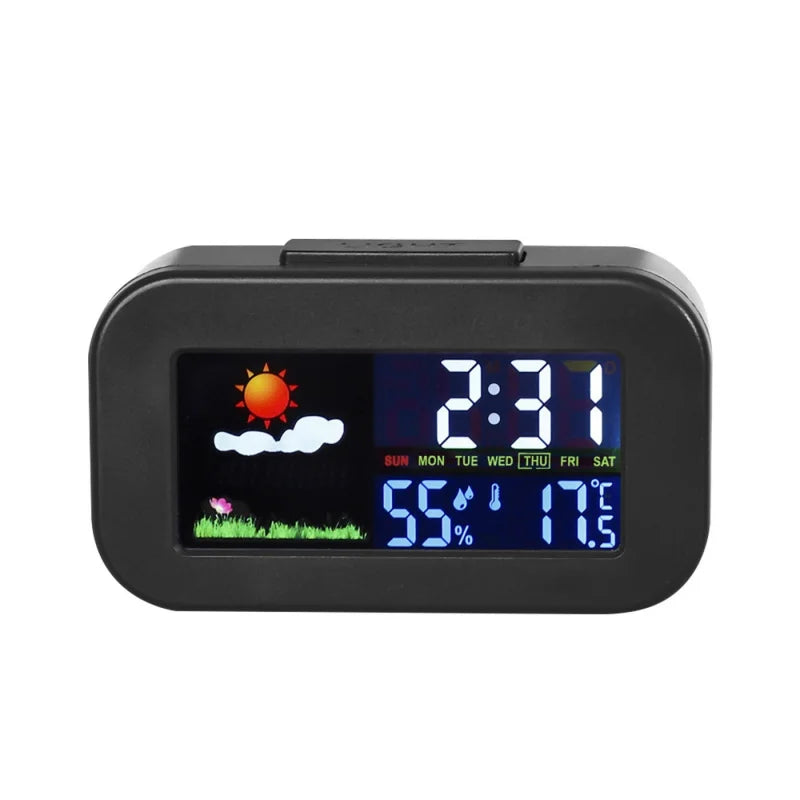 réveil numérique horloge température humidité météo calendrier luminoire noir minimaliste digital affichage heures jours