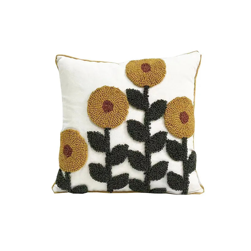 coussin tufté brodé fleur nordique moderne 100 polyester blanc vert marron jaune adhésif décoration
