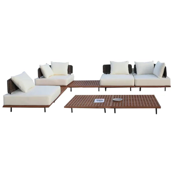 canapé jardin deux places tissu beige bois marron coussins blancs moderne pieds métalliques noirs