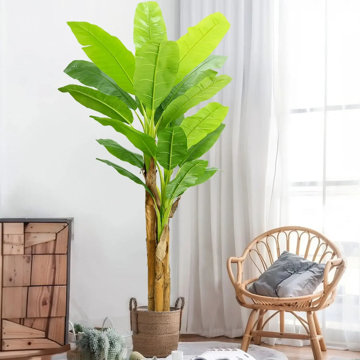 plante artificielle arbre feuilles larges vert clair vert foncé tronc épais moderne minimaliste pot