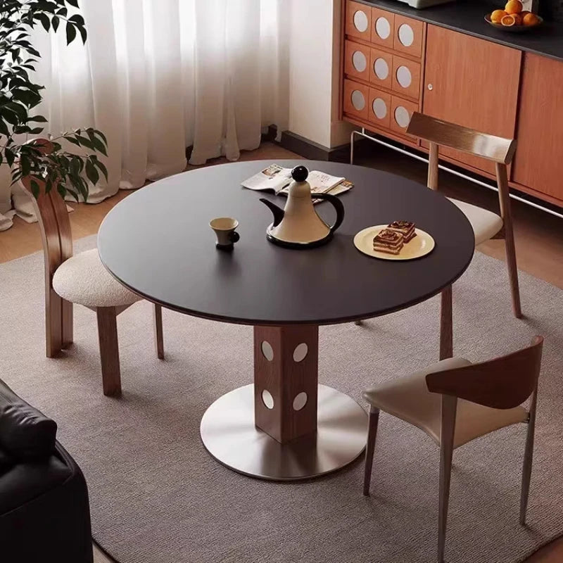 table ronde bois moderne 80cm diamètre 75cm hauteur marron points blancs pied centralisée