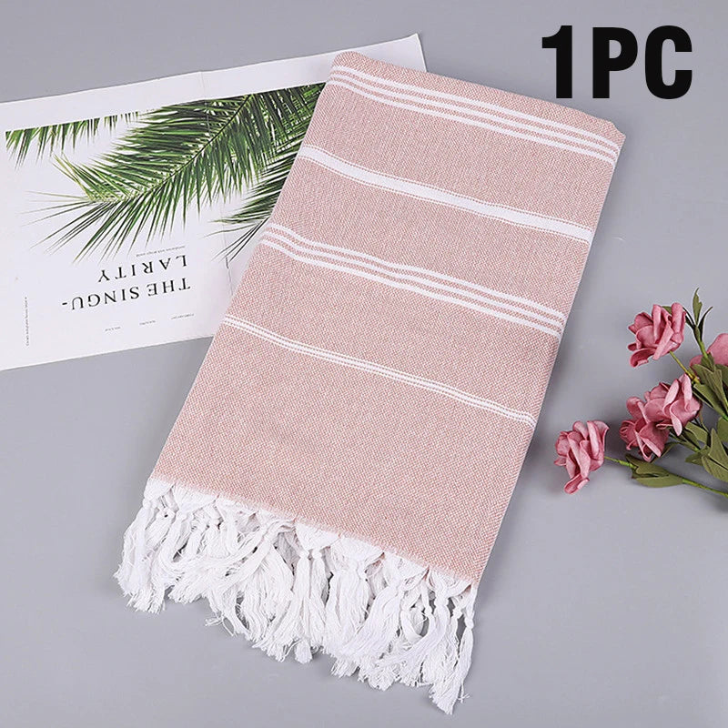 serviette plage rayée rose clair coton absorbant rapide sèche moderne minimaliste tassel