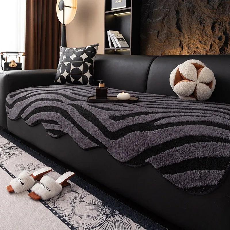 housse canapé molleton jacquard rayures horizontales noir blanc moderne salon intérieur