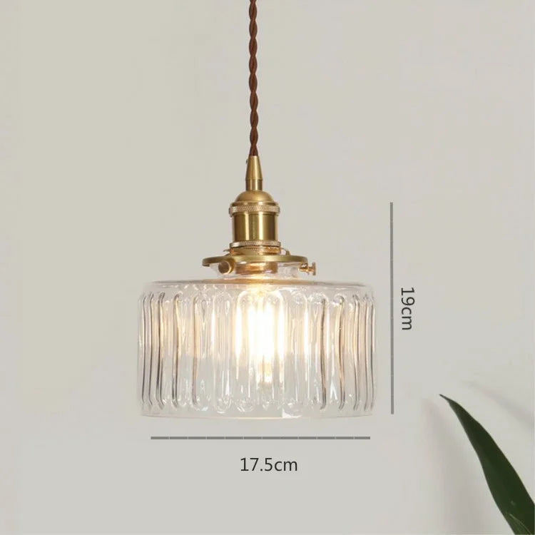 lampe suspendue moderne transparente cuivre rayures verticales ampoule led vis fixe chambre salon étude