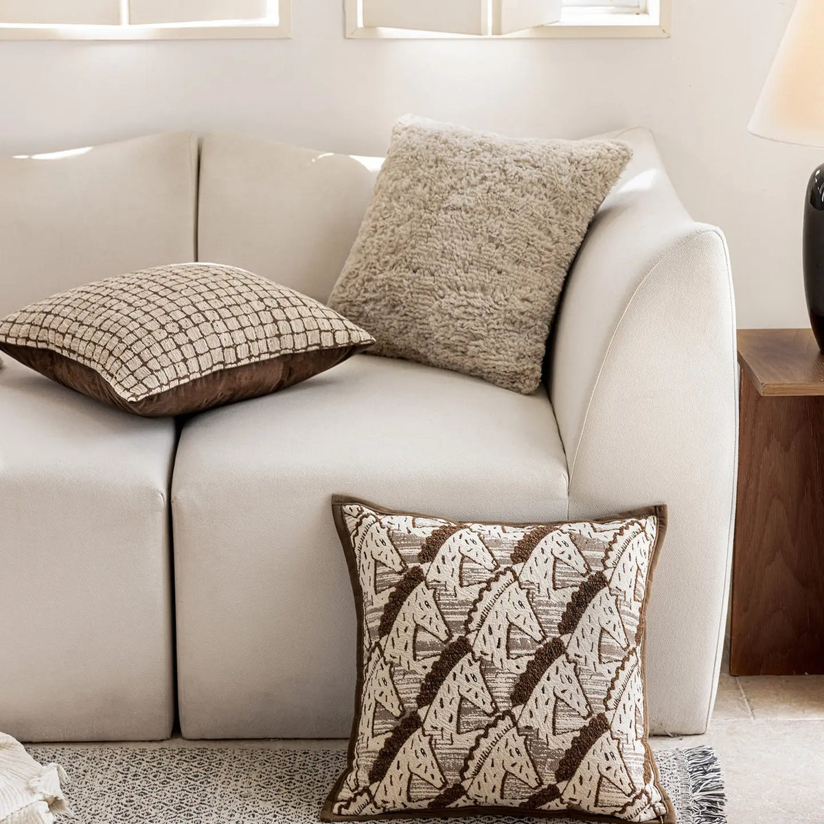 housse coussin géométrique polyester texture douce nordique moderne marron clair beige foncé