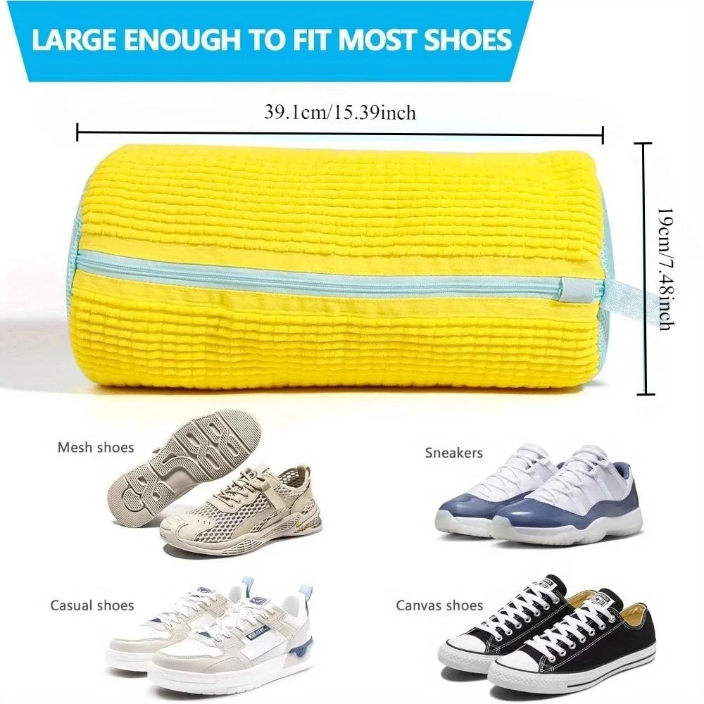 sac lavage chaussures réutilisable coton texture côtelée jaune bleu transparent fermeture éclair anse pratique