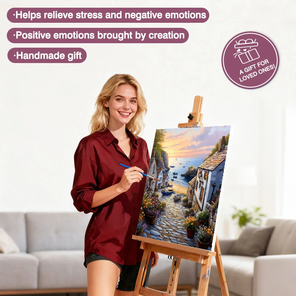 tableau peindre paysage marin maison plage bateau fleur toile pinceau peinture guide cadre diy