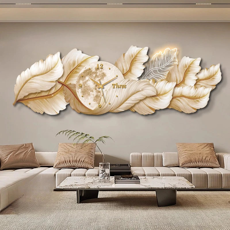 horloge murale moderne décorative feuilles stylisées effet marbré blanc noir or